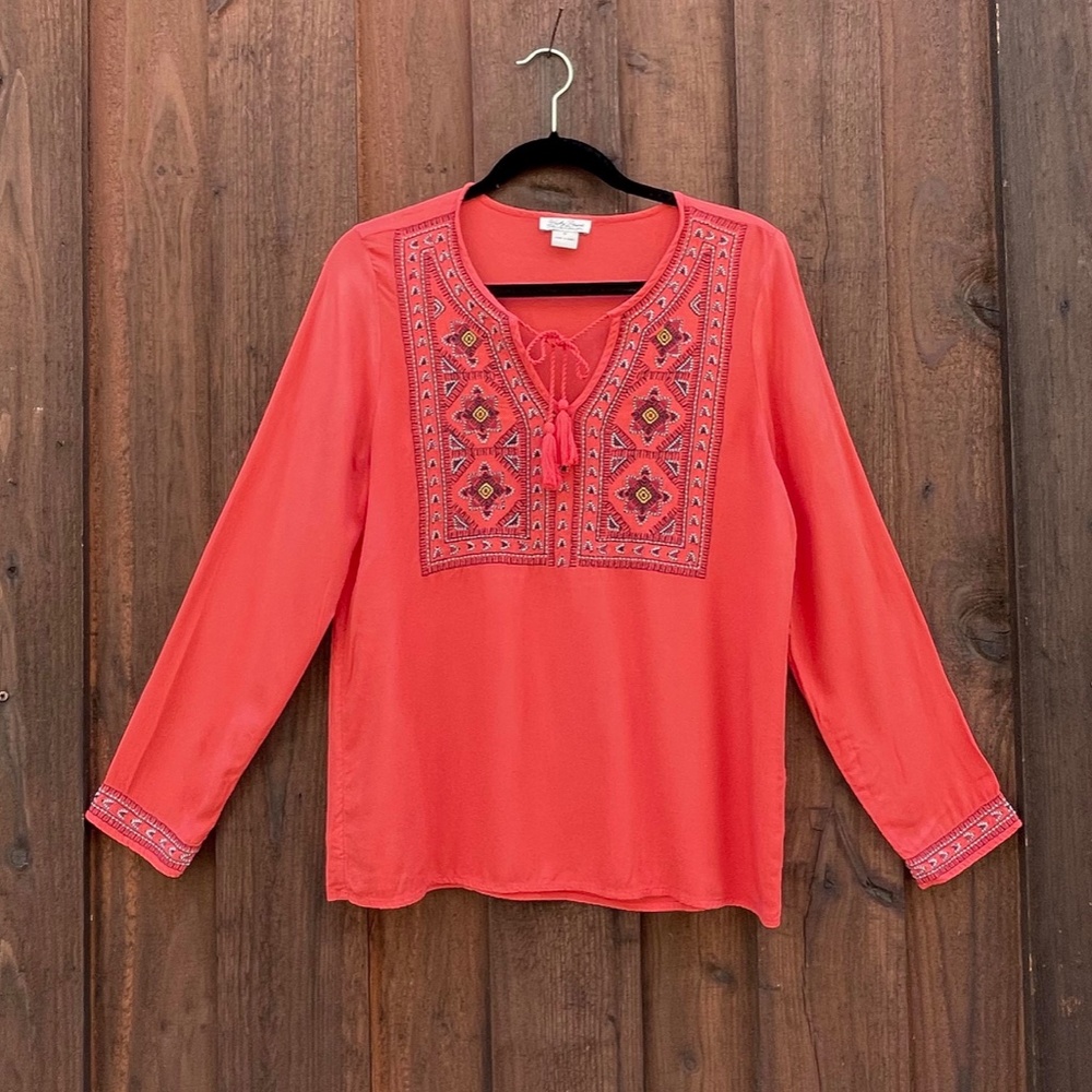 Lucky Brand Embroidered Red Peasant top w tassels
